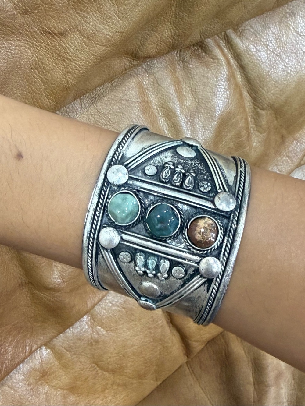 Artisan Silver-Tone Cuff Bracelet with Green and Brown Gemstones